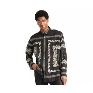 NANUSHKA Mens Shirt Medium Black Button Up Lightweight Pocket JARI BANDANA $495